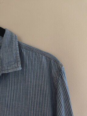 Express Men's Blue and White Striped Button Up Shirt